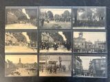 several old black and white photos of people and horses in a town