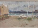 une image d'un tableau représentant un bateau sur la plage