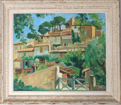 an oil painting of a village with a fence and trees in the foreground