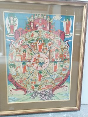 framed picture of a painting of a wheel of life in a gold frame