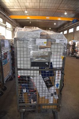 a cart with a lot of items in it in a warehouse