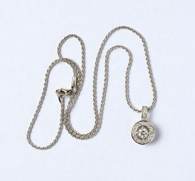 une photo d'un collier en argent avec une pièce suspendue à une chaîne