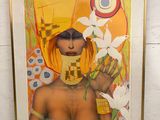 painting of a woman in a yellow hat holding flowers in front of a white wall