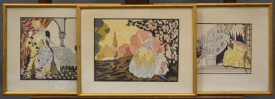 Deux tableaux encadrés représentant des femmes en robe jaune sont exposés