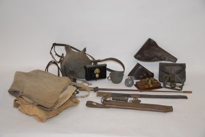 an image of a collection of items including a knife, a bag, and other items