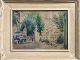 painting of an old car parked in front of a building with a clock tower