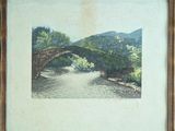 painting of a bridge over a river with trees and mountains in the background