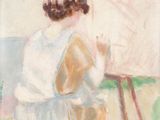 une image représentant une femme assise devant un chevalet de peinture