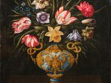 painting of a vase of flowers on a table with a black background