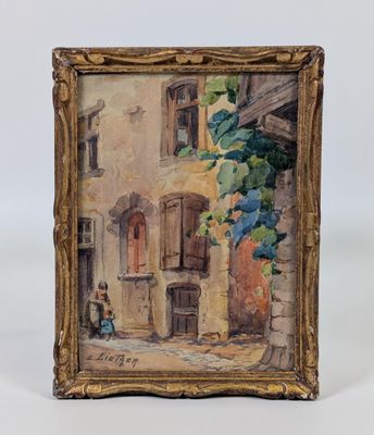 une peinture à l'huile représentant une scène de rue avec une femme assise sur le trottoir