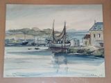 a picture of a painting of a boat in the water