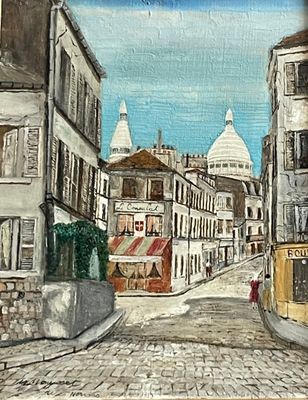 a painting of a street scene with buildings in the background