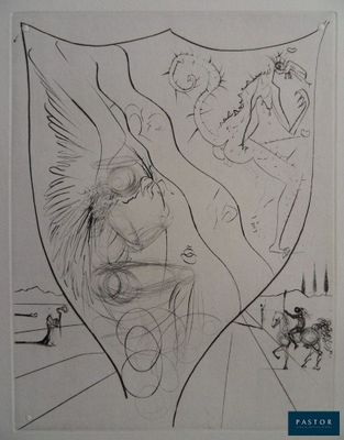 drawings of a woman and a man on a shield with a horse