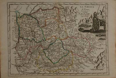 an old map of france with a man standing on a boat in the water