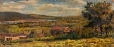 une peinture à l'huile représentant un paysage rural avec des maisons et des arbres