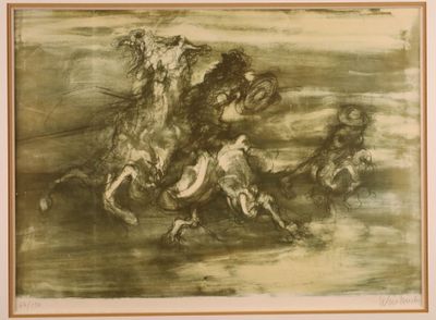drawing of a group of men riding horses in a field