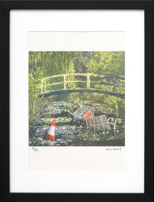 painting of a bridge over a pond of water lilies and a red fire hydrant