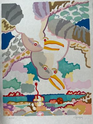 une photo d'un tableau représentant un oiseau volant dans le ciel