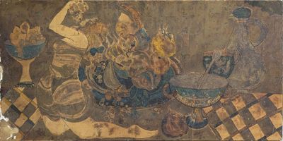 un vieux tableau représentant une femme assise sur une table avec un panier de fleurs