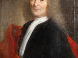 un tableau représentant un homme en costume noir et cape rouge