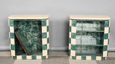 pair of green and white marble side tables with glass doors