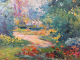 une peinture à l'huile représentant un sentier traversant un jardin fleuri
