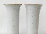 two white vases with gold rims on them