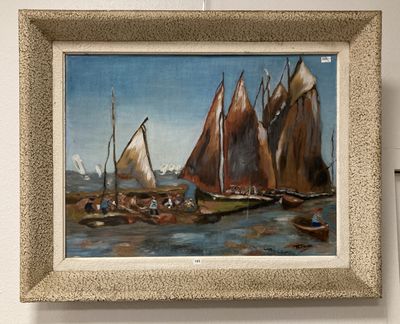 une peinture représentant un groupe de voiliers sur l'eau