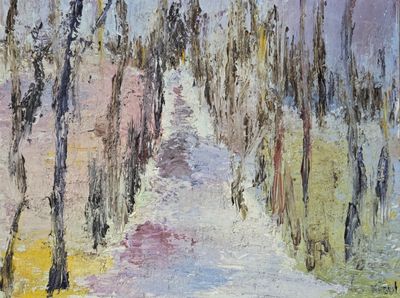 a painting of a path in the middle of a forest