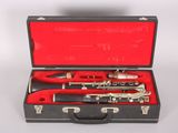 a black case with a silver and red instrument inside of it