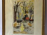 framed watercolor painting of a winter scene with a house and trees