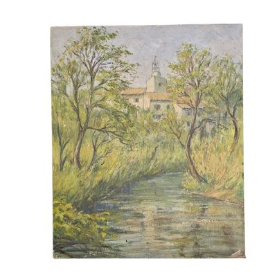 une image d'un tableau représentant une maison au bord d'une rivière