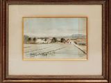 a painting of a farm scene in a brown frame