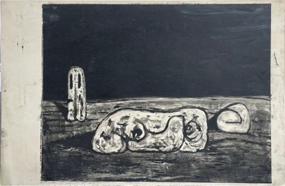 dessin représentant un chien en noir et blanc allongé sur une table