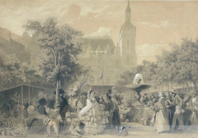 une peinture représentant un groupe de personnes devant un bâtiment