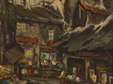painting of a street scene with buildings and shops in the background