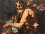 an old painting of a man with a beard and a woman holding a sword
