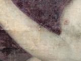 a painting of a woman holding a slice of pizza