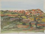 an image of a painting of a small town on a hill