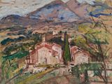 une image représentant une peinture d'une maison située dans une région montagneuse