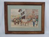 framed picture of a painting of people and animals on a street
