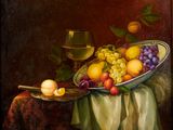 un tableau représentant une corbeille de fruits et un verre de vin