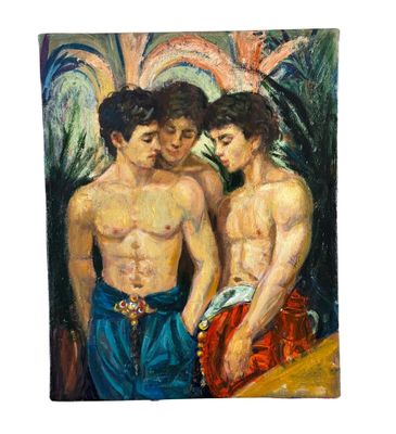 une peinture à l'huile représentant deux hommes debout l'un à côté de l'autre