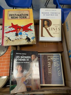 several books are sitting in a cardboard box on a table