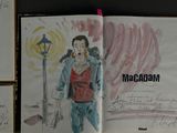 a drawing of a man in a red shirt and blue pants