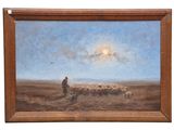 an oil painting of a man standing in a field with a flock of sheep