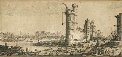 dessin représentant une vue d'une ville avec une tour en son centre