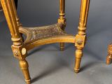 an image of a wooden table with a marble top and a wooden base