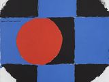 une image représentant un tableau sur lequel figure un cercle rouge sur un carré bleu et noir