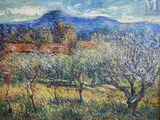une peinture à l'huile représentant un champ avec des arbres et des montagnes en arrière-plan